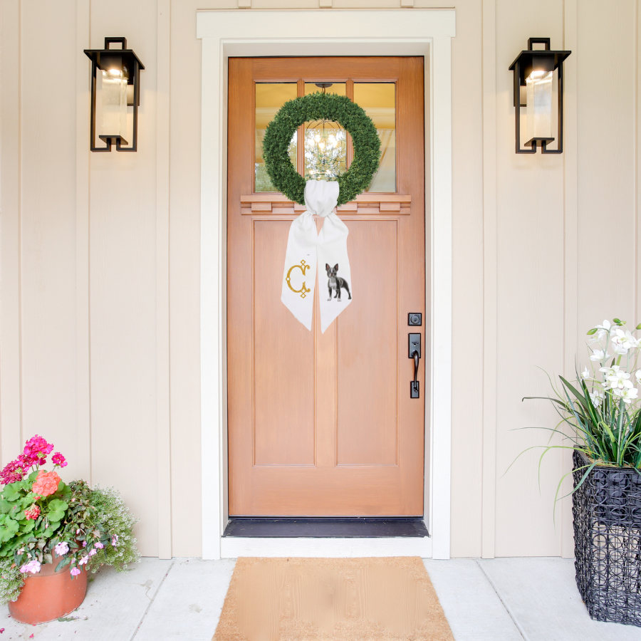 Personalized Boston Terrier Embroidered Wreath Sash — Cotton & Canvas Door Décor (54" × 5")