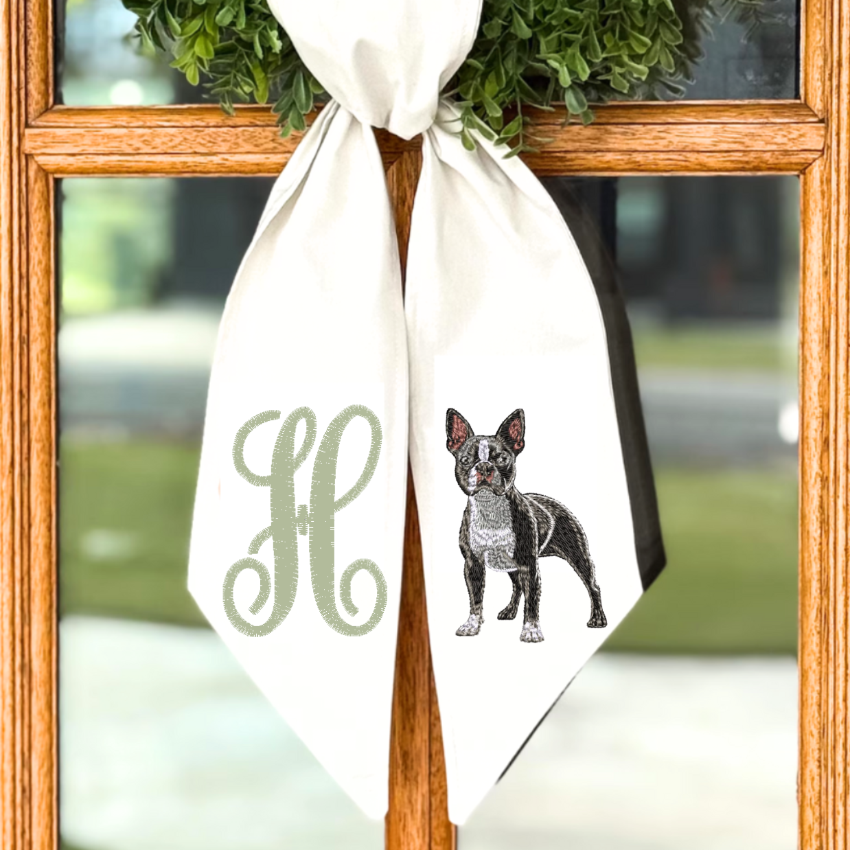 Personalized Boston Terrier Embroidered Wreath Sash — Cotton & Canvas Door Décor (54" × 5")