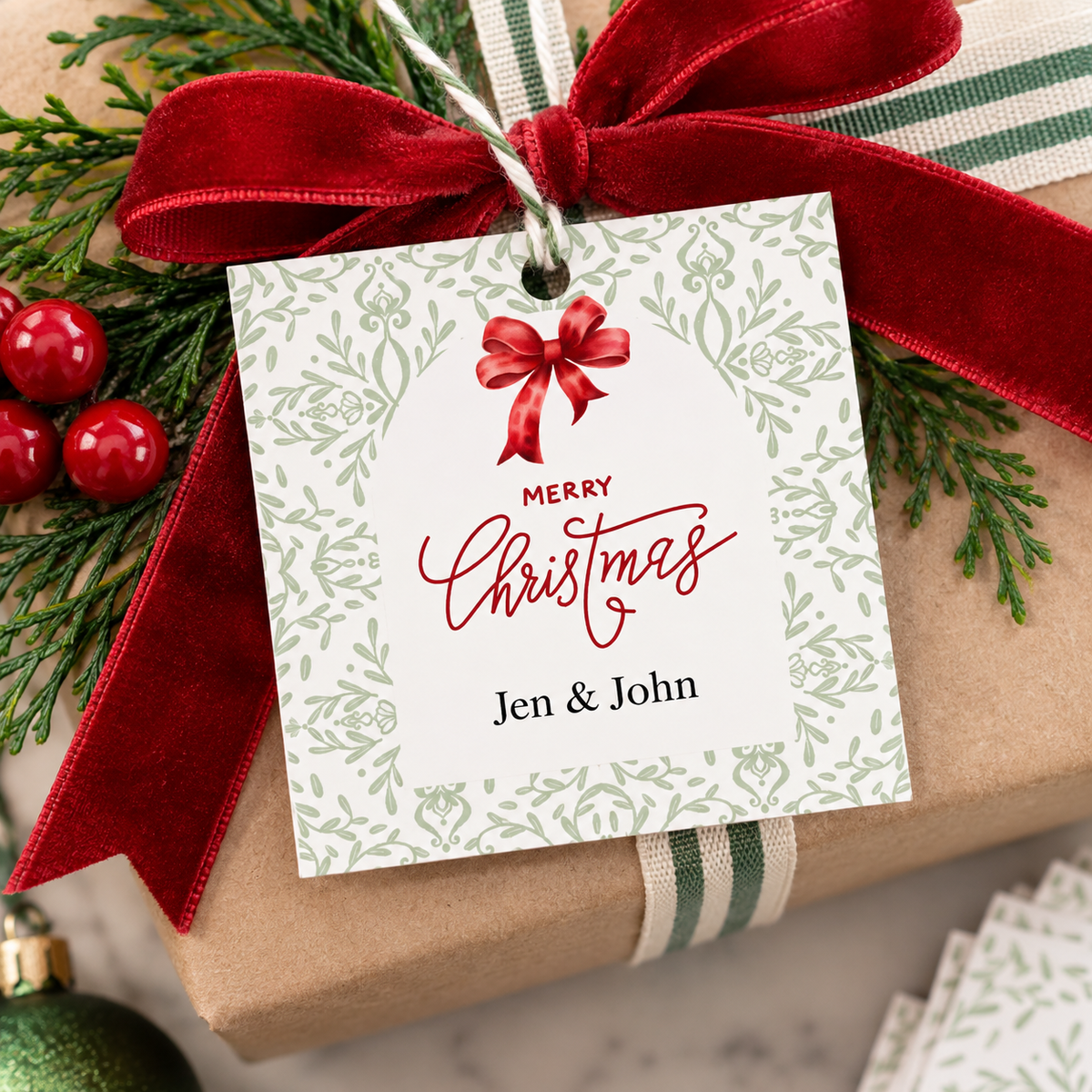 Classic Christmas Gift Tags | Red & Green Bow Gift Tags | Set of 24