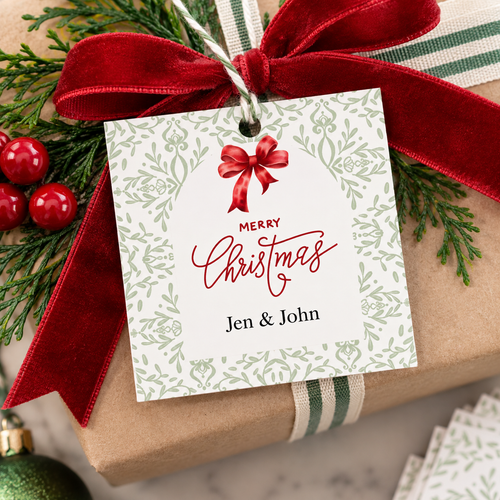 Classic Christmas Gift Tags | Red & Green Bow Gift Tags | Set of 24