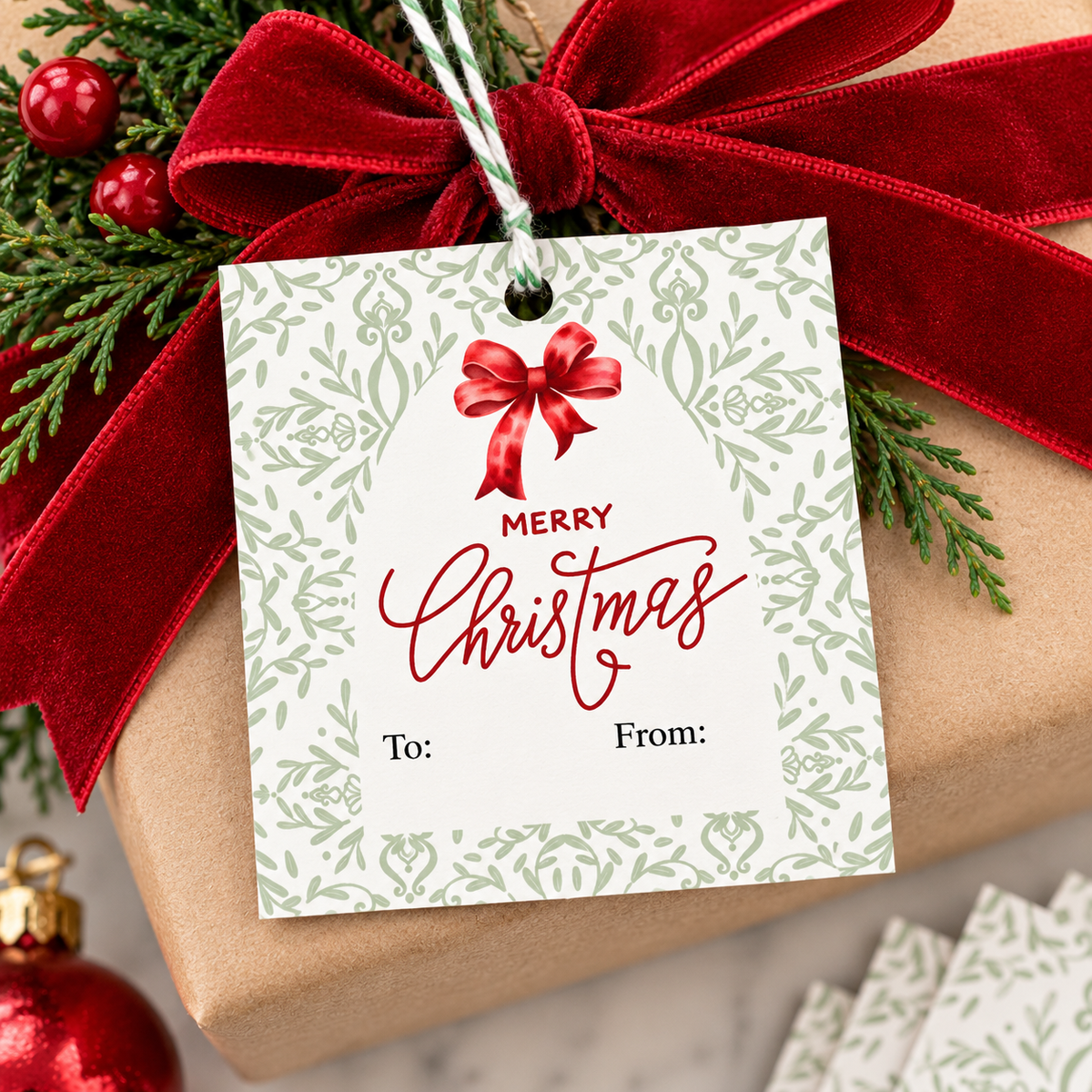 Classic Christmas Gift Tags | Red & Green Bow Gift Tags | Set of 24