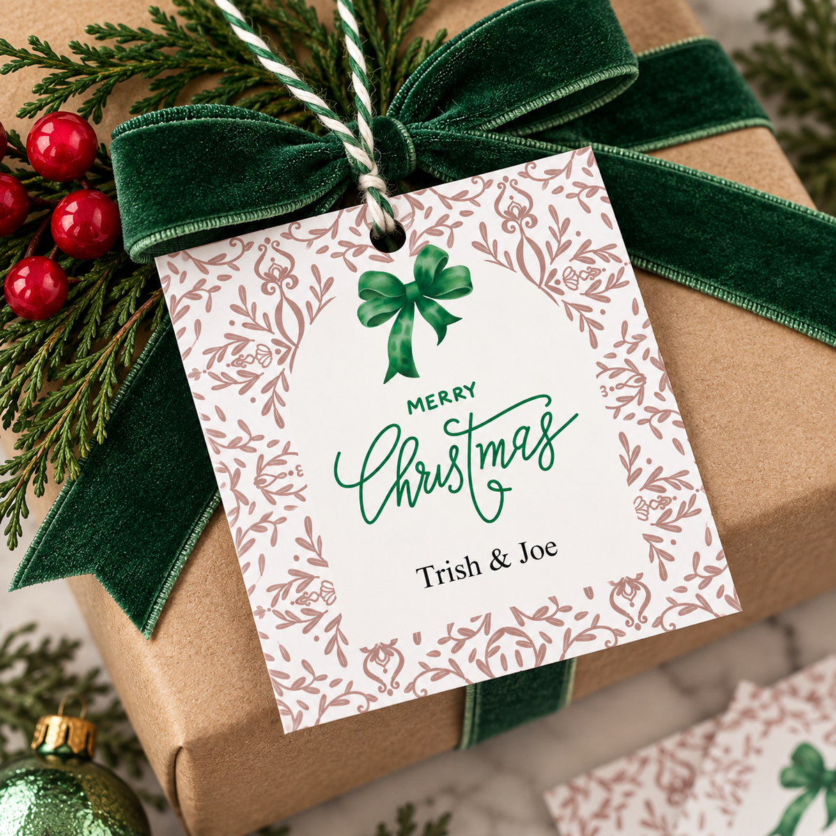Classic Christmas Gift Tags | Red & Green Bow Gift Tags | Set of 24