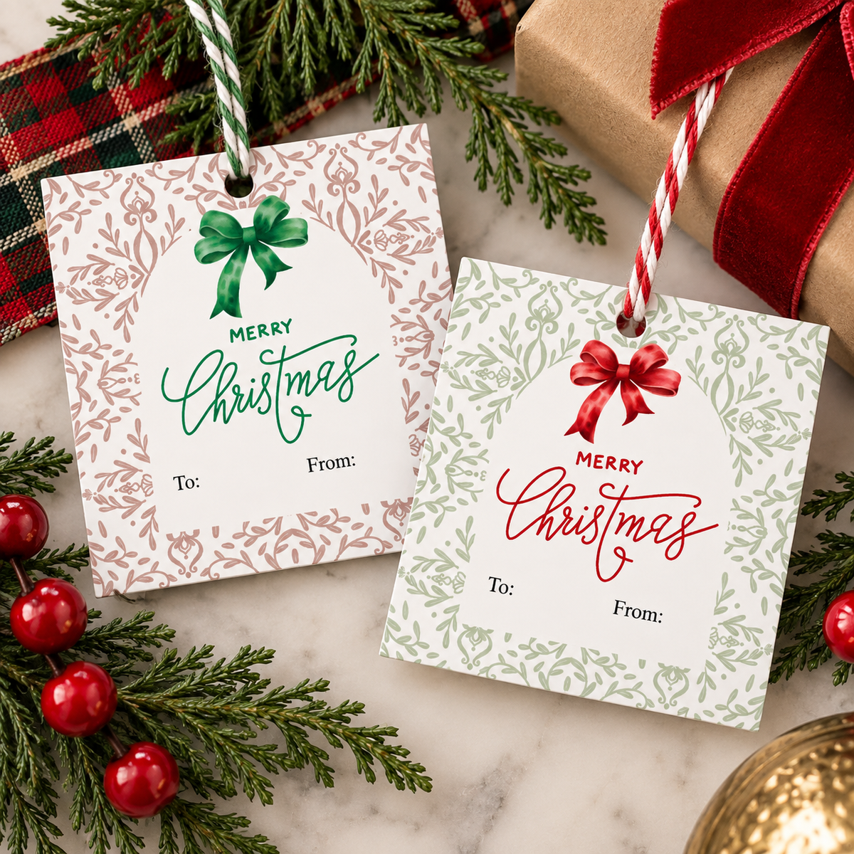 Classic Christmas Gift Tags | Red & Green Bow Gift Tags | Set of 24