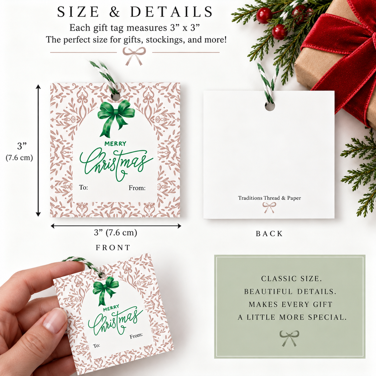 Classic Christmas Gift Tags | Red & Green Bow Gift Tags | Set of 24
