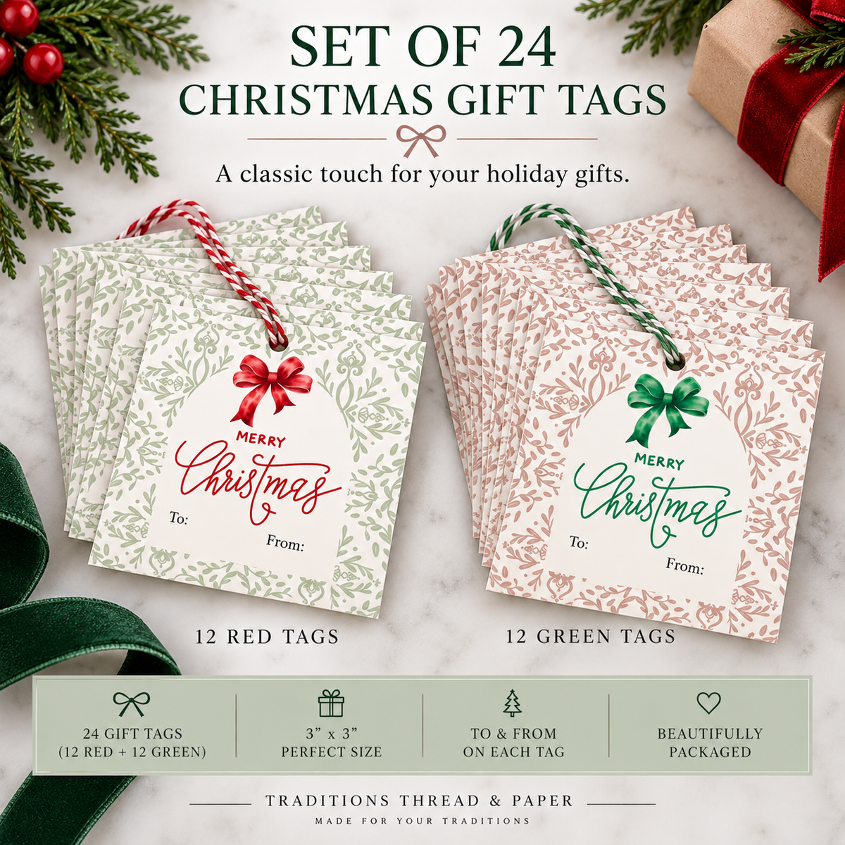 Classic Christmas Gift Tags | Red & Green Bow Gift Tags | Set of 24