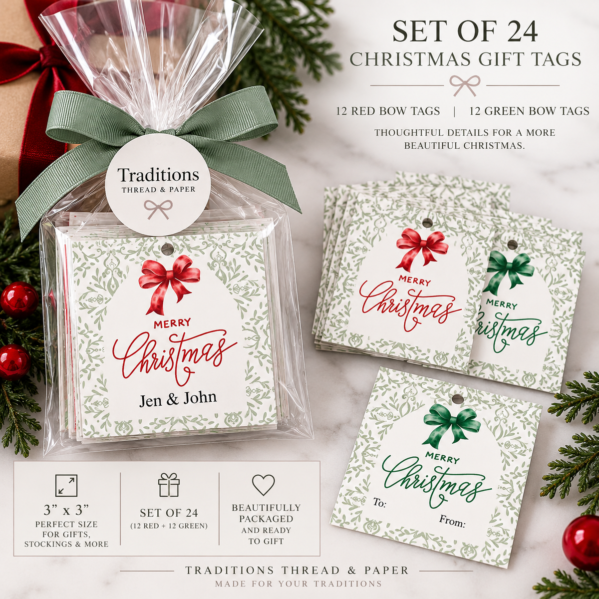 Classic Christmas Gift Tags | Red & Green Bow Gift Tags | Set of 24