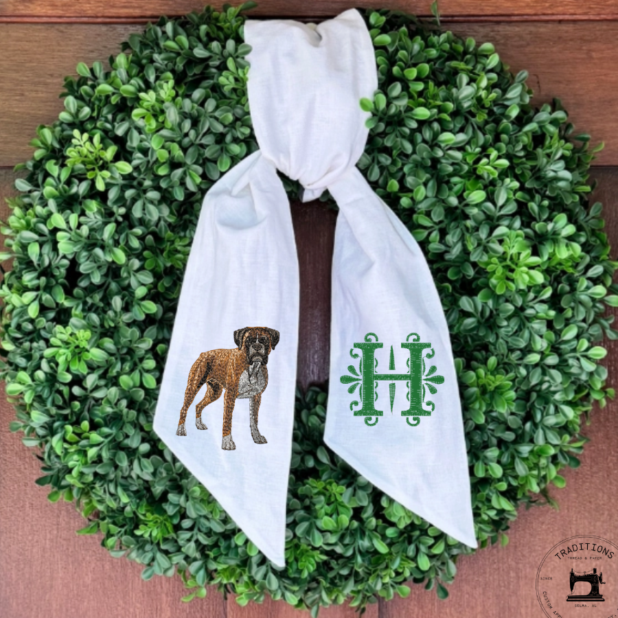Personalized Boxer Dog Wreath Sash with Monogram – Embroidered Door Décor
