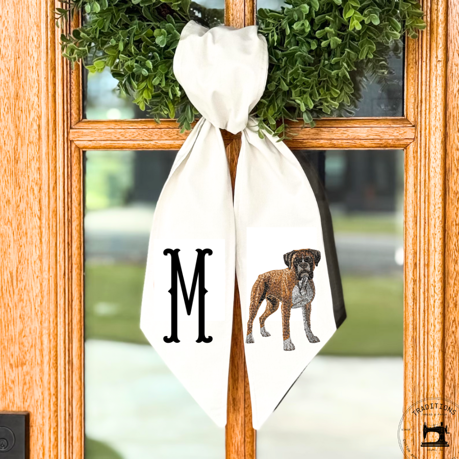 Personalized Boxer Dog Wreath Sash with Monogram – Embroidered Door Décor
