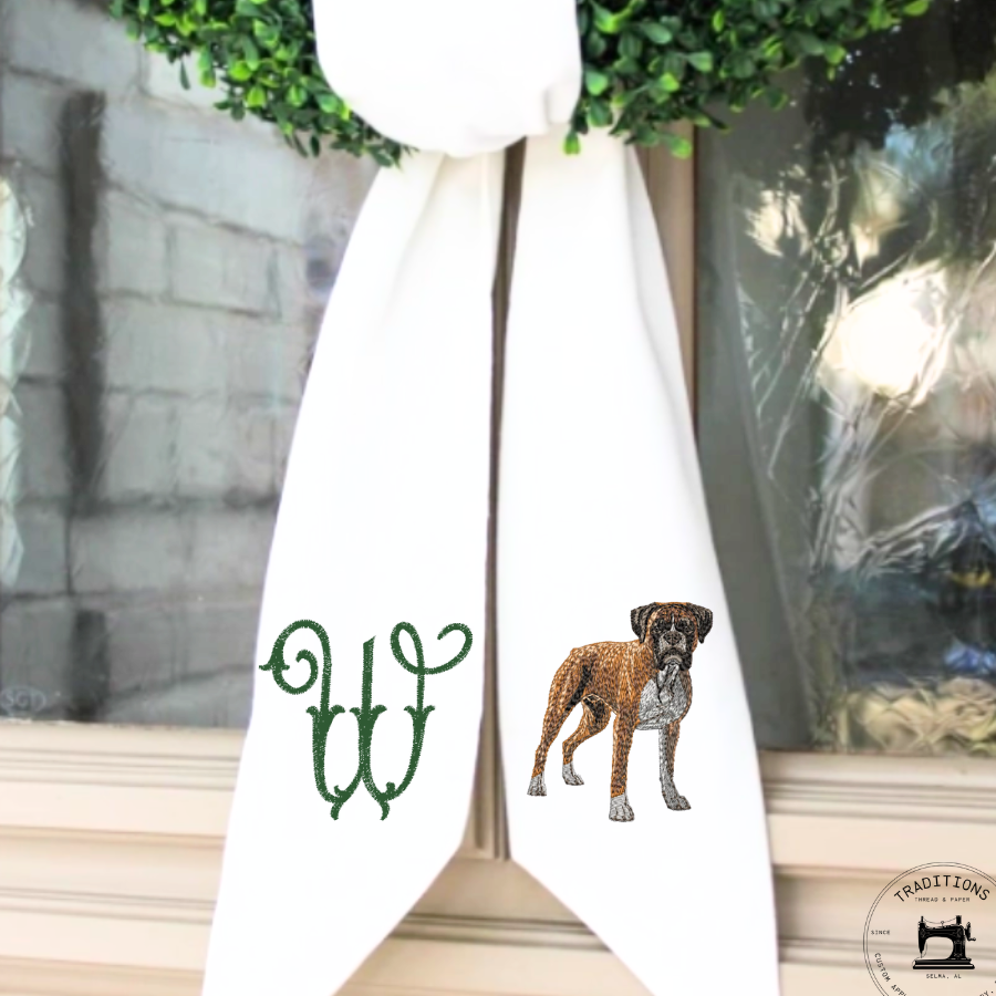 Personalized Boxer Dog Wreath Sash with Monogram – Embroidered Door Décor