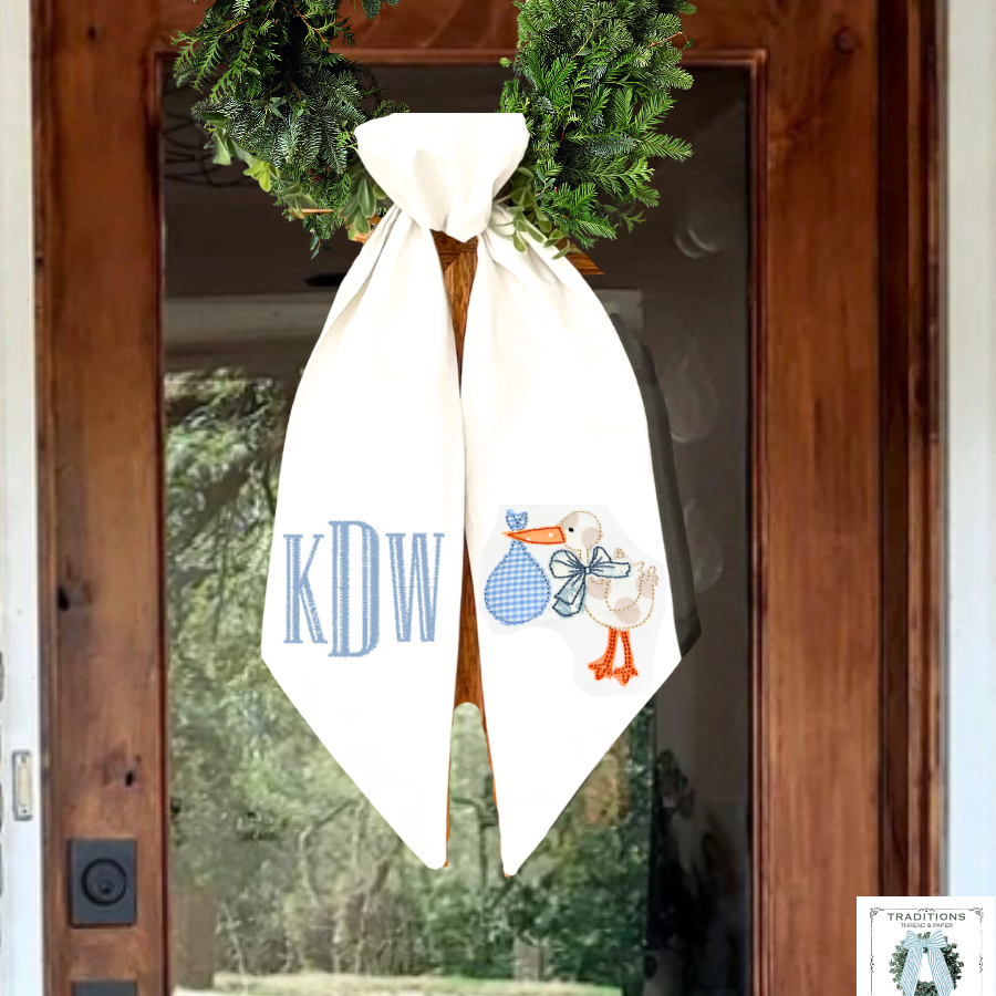 Personalized Baby Boy Stork Wreath Sash – Monogrammed New Baby Door Bow