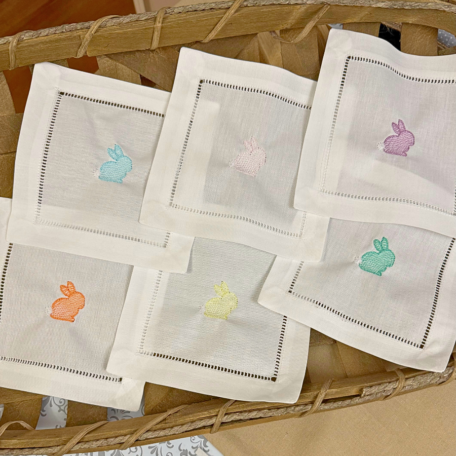 Embroidered Bunny Linen Cocktail Napkins – Easter & Spring Table Décor