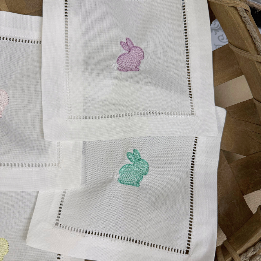 Embroidered Bunny Linen Cocktail Napkins – Easter & Spring Table Décor