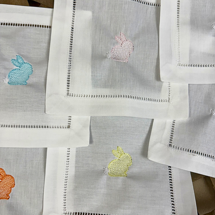 Embroidered Bunny Linen Cocktail Napkins – Easter & Spring Table Décor