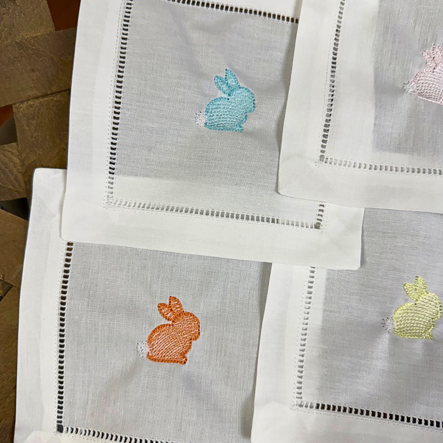 Embroidered Bunny Linen Cocktail Napkins – Easter & Spring Table Décor