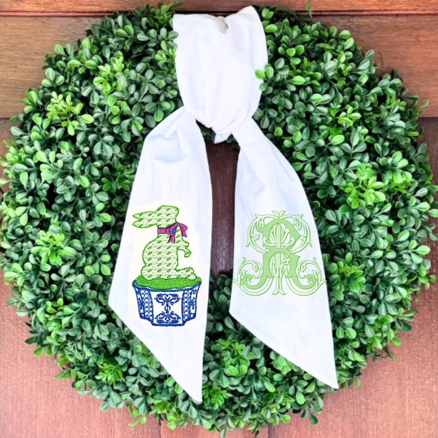 Personalized Chinoiserie Bunny Wreath Sash – Monogrammed Easter & Spring Door Décor