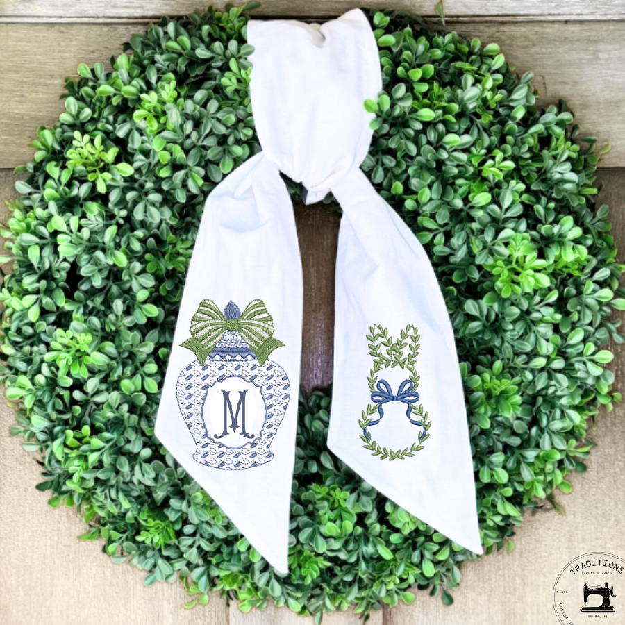 Personalized Chinoiserie Easter Wreath Sash | Monogram Bunny & Ginger Jar Embroidery