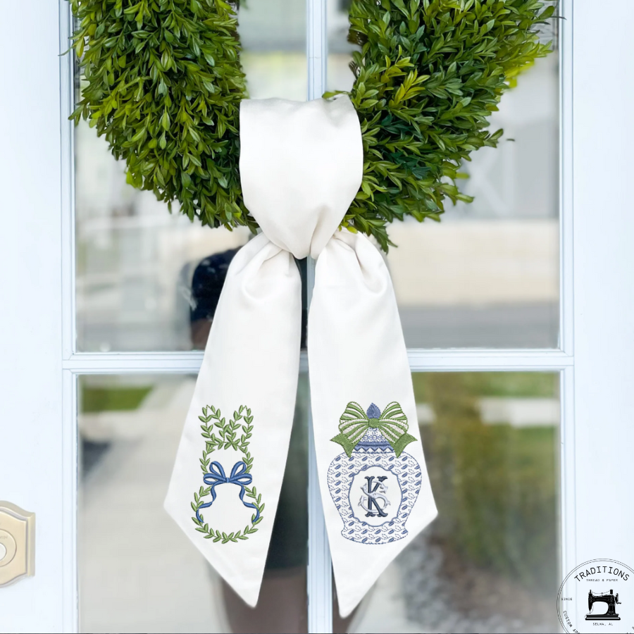 Personalized Chinoiserie Easter Wreath Sash | Monogram Bunny & Ginger Jar Embroidery