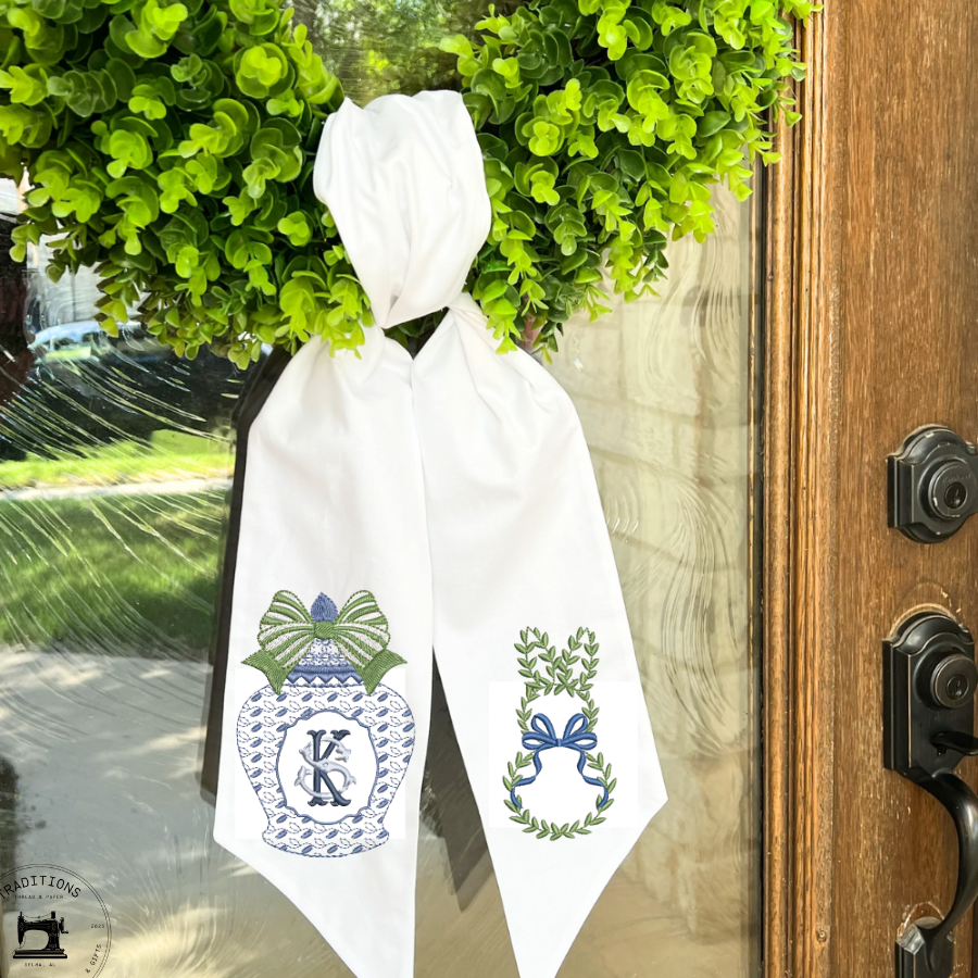 Personalized Chinoiserie Easter Wreath Sash | Monogram Bunny & Ginger Jar Embroidery