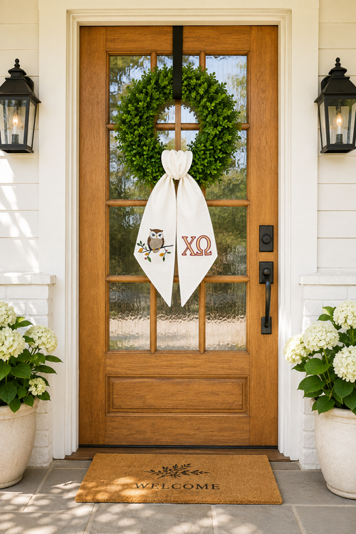 Chi Omega Wreath Sash | Embroidered Owl & Greek Letters