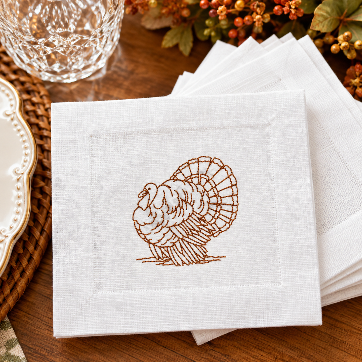 Embroidered Turkey Cocktail Napkins | Thanksgiving Cocktail Napkins