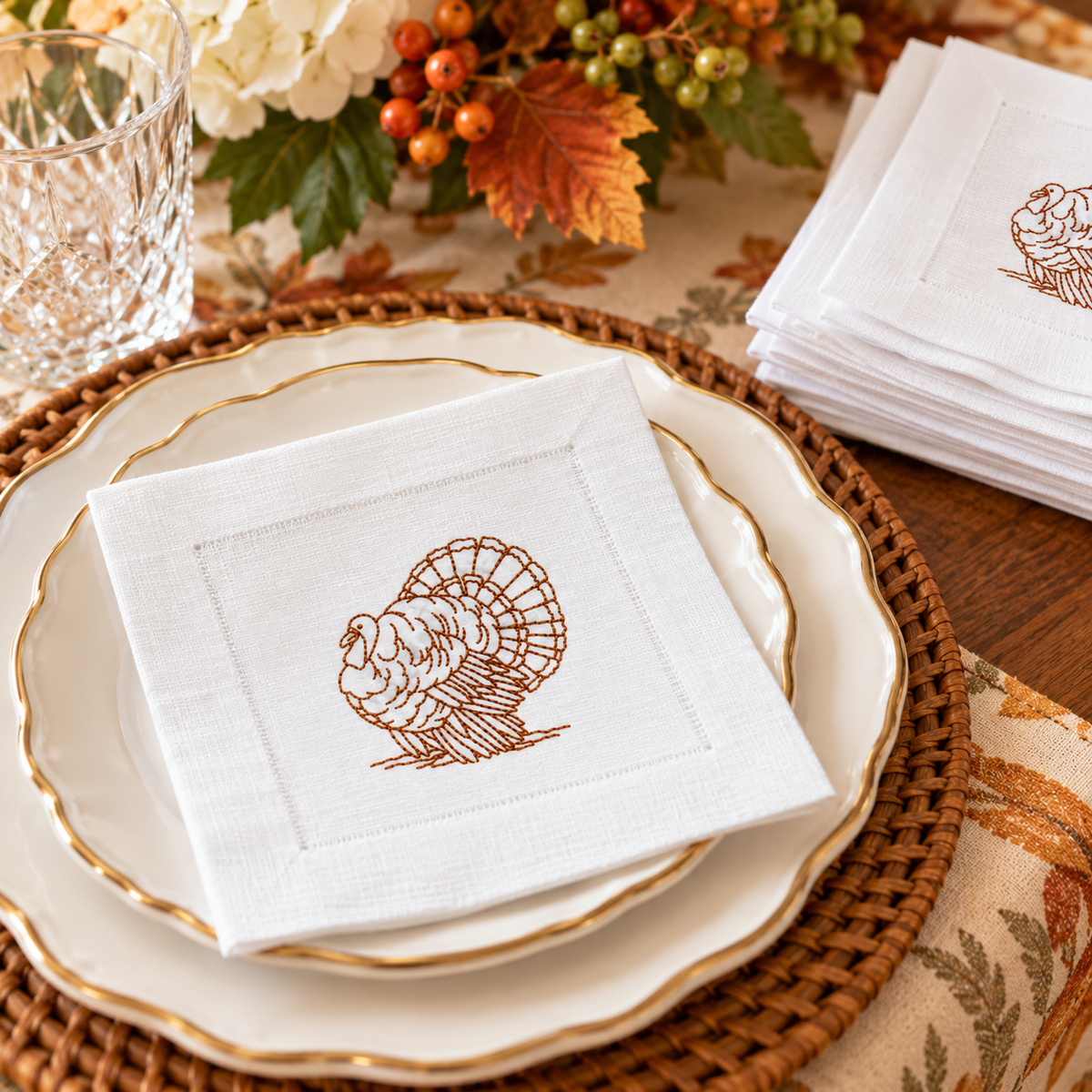 Embroidered Turkey Cocktail Napkins | Thanksgiving Cocktail Napkins