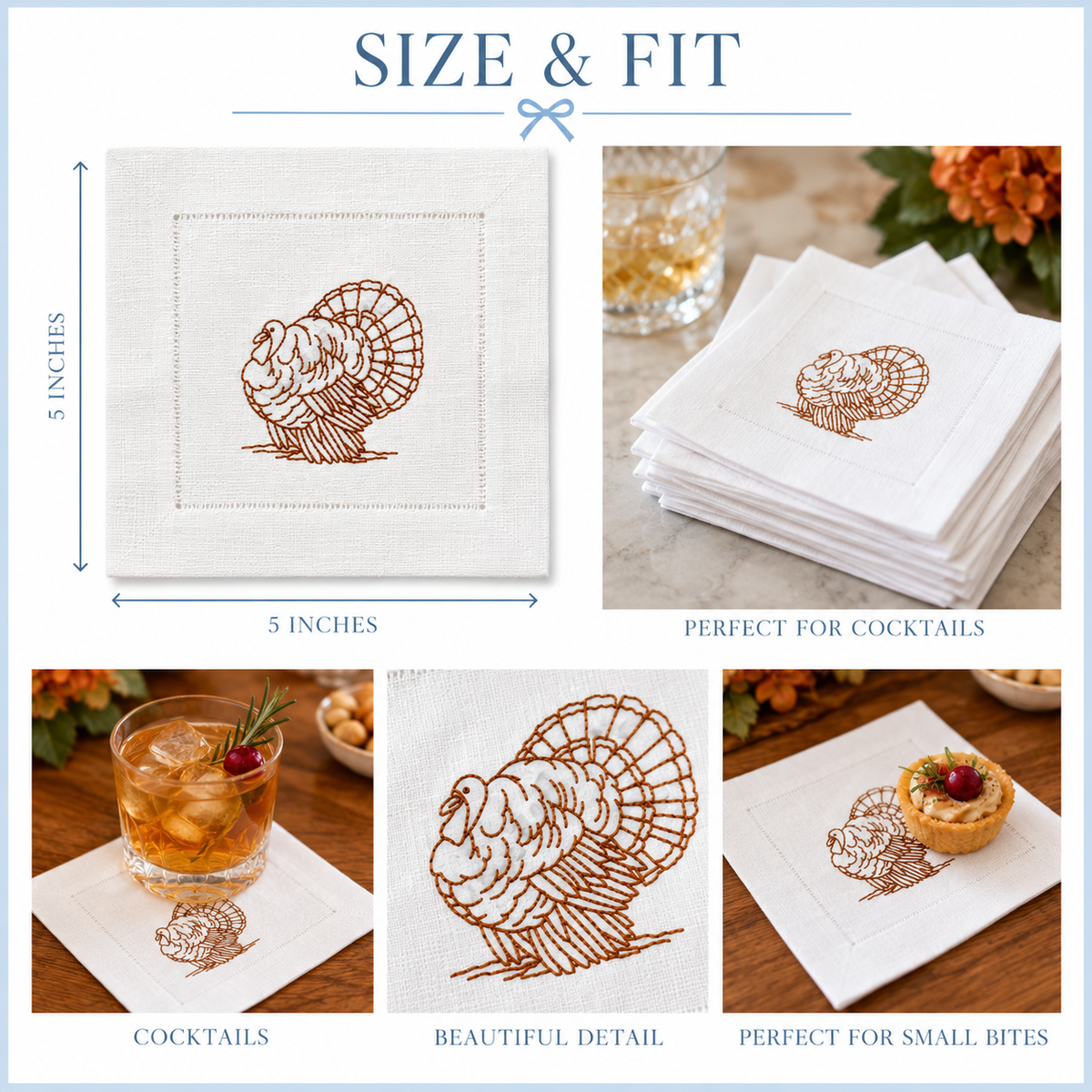 Embroidered Turkey Cocktail Napkins | Thanksgiving Cocktail Napkins