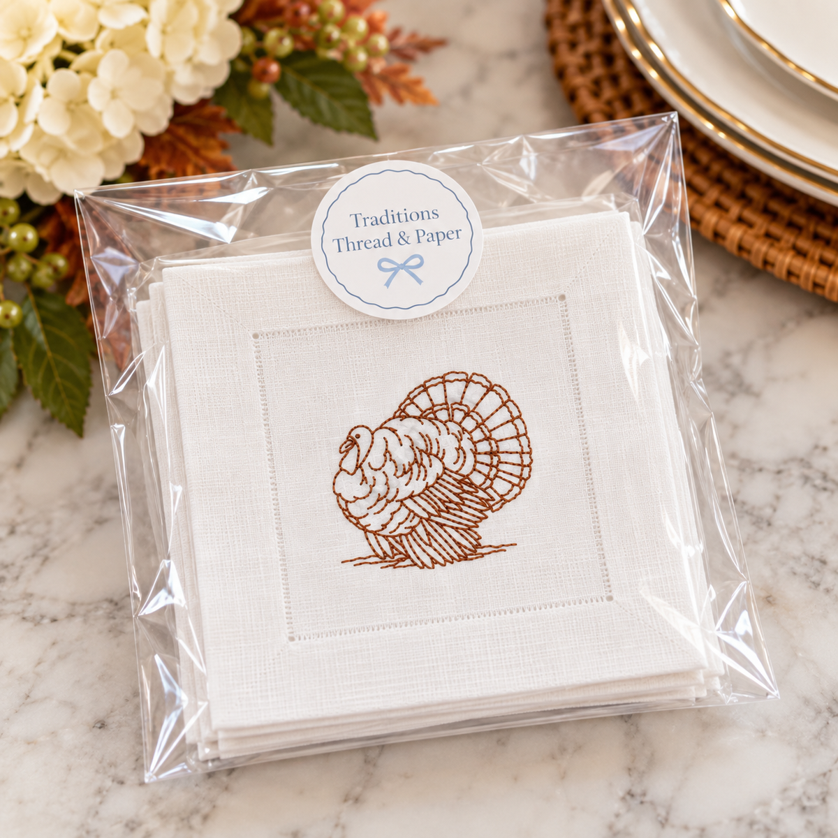 Embroidered Turkey Cocktail Napkins | Thanksgiving Cocktail Napkins