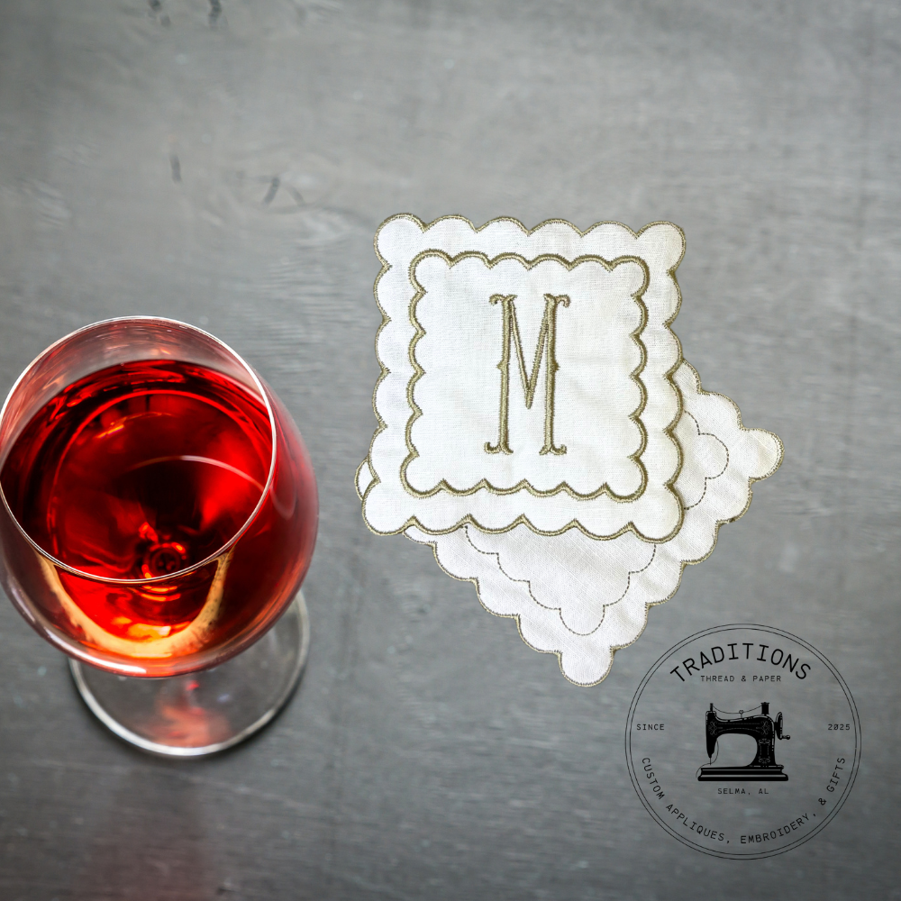 Custom Monogrammed Linen Cocktail Napkins – Set of 4 Hand-Cut Scalloped Edge Coasters