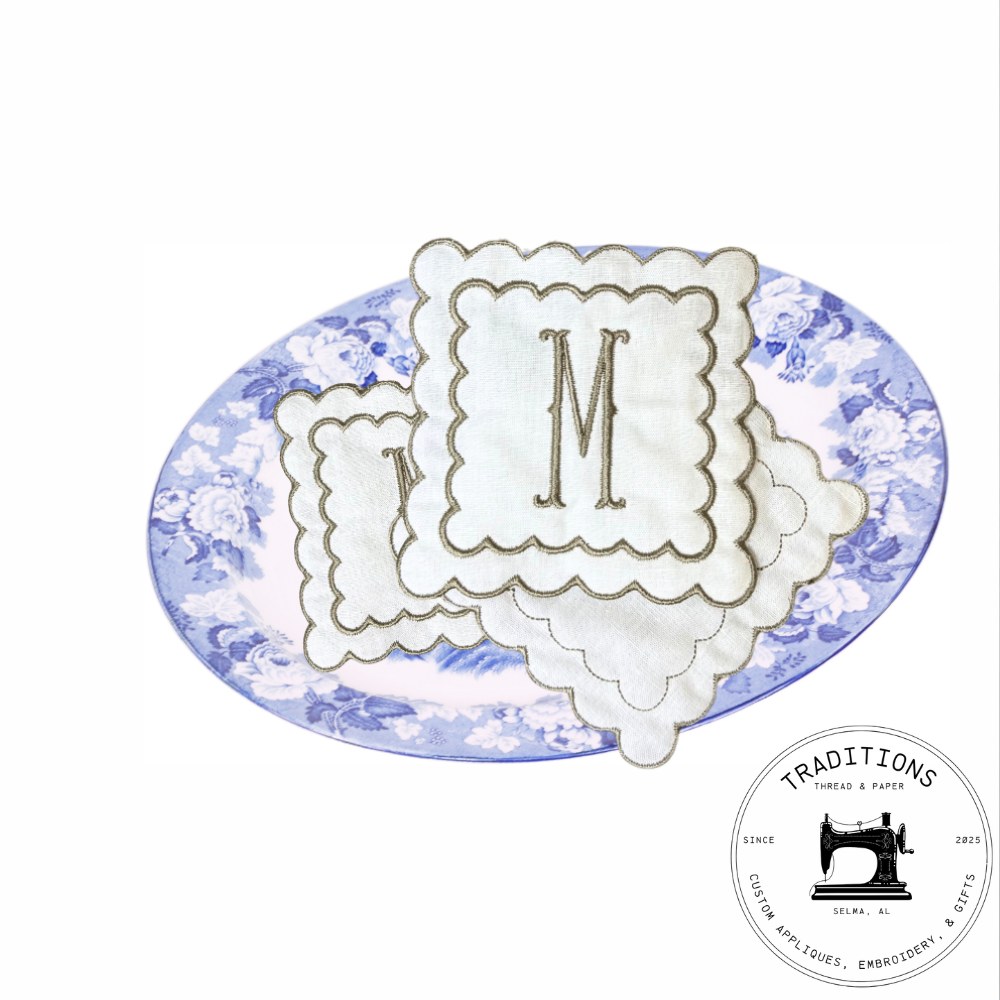 Custom Monogrammed Linen Cocktail Napkins – Set of 4 Hand-Cut Scalloped Edge Coasters