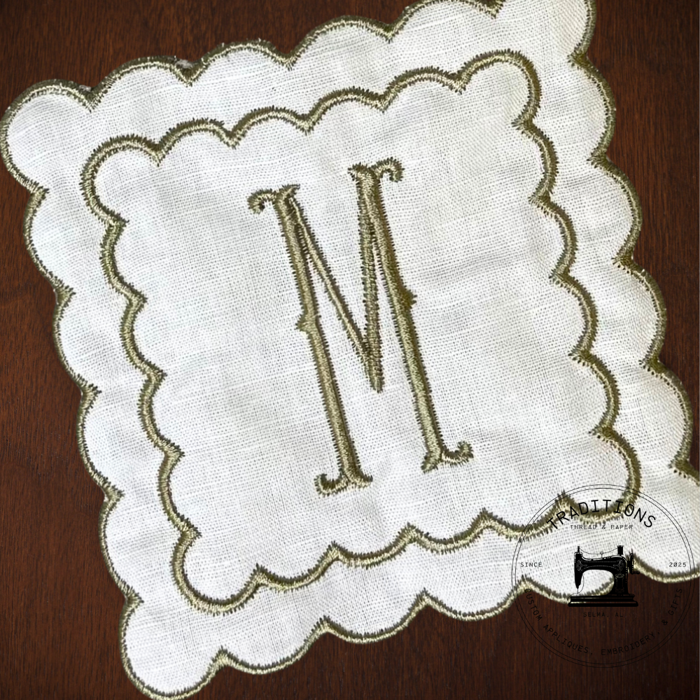 Custom Monogrammed Linen Cocktail Napkins – Set of 4 Hand-Cut Scalloped Edge Coasters