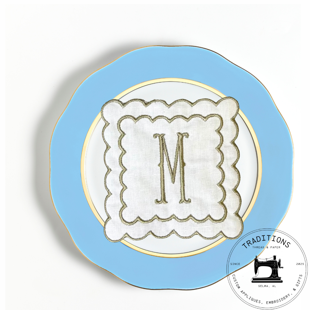 Custom Monogrammed Linen Cocktail Napkins – Set of 4 Hand-Cut Scalloped Edge Coasters