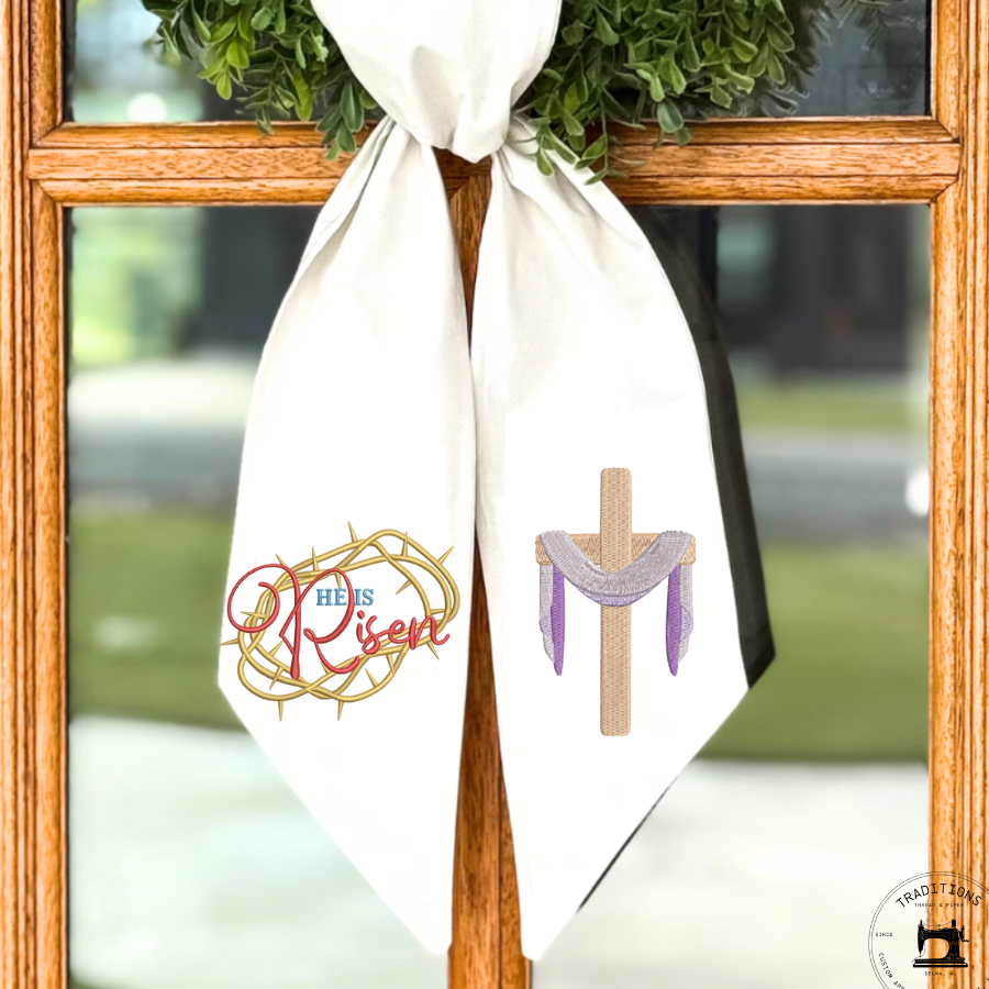 He Is Risen Wreath Sash – Christian Easter Door Décor with Cross & Crown of Thorns Embroidery
