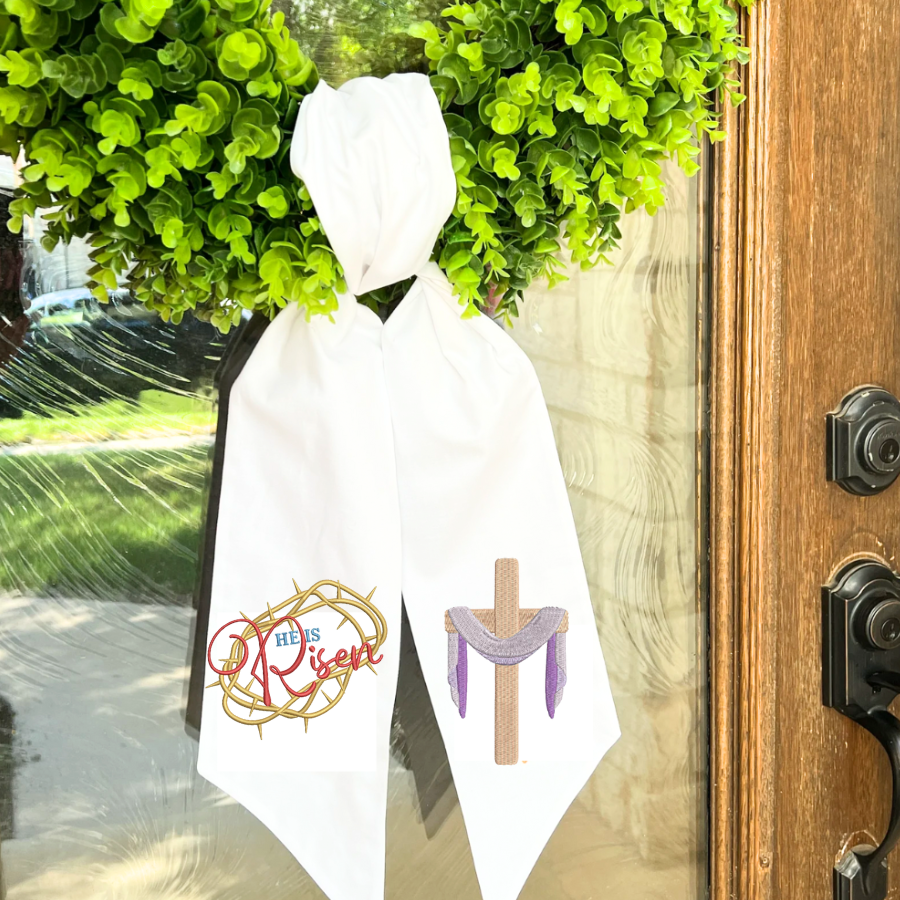 He Is Risen Wreath Sash – Christian Easter Door Décor with Cross & Crown of Thorns Embroidery