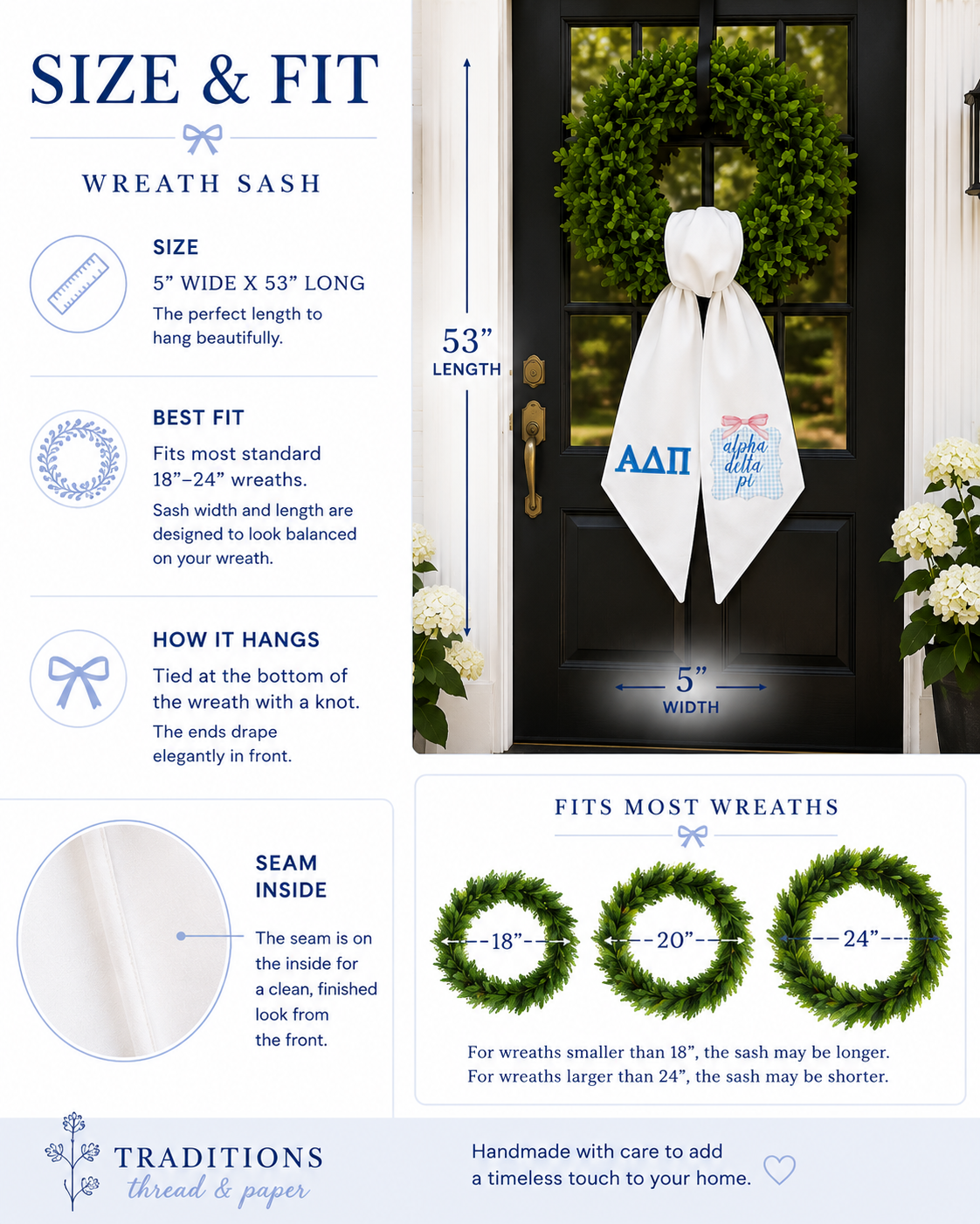 Personalized Sorority Wreath Sash, Custom Greek Letters, Choose Your Sorority and Fabric