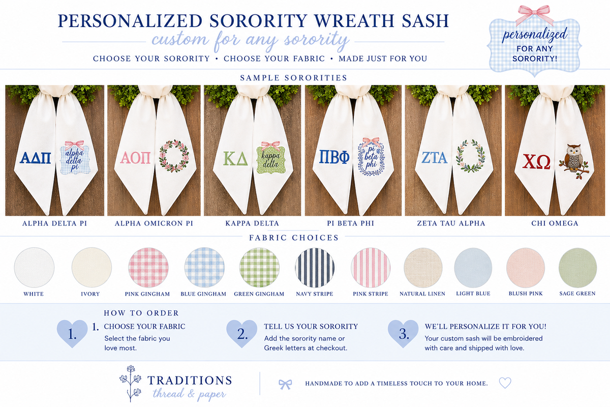 Personalized Sorority Wreath Sash, Custom Greek Letters, Choose Your Sorority and Fabric