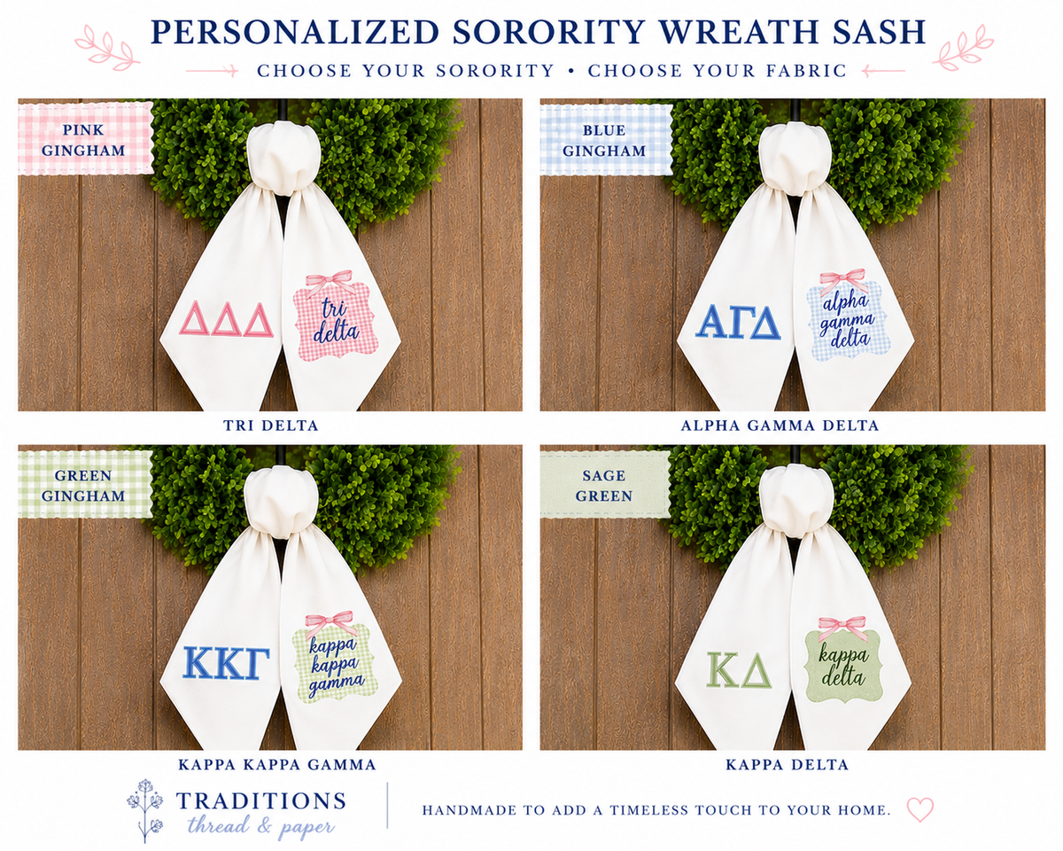 Personalized Sorority Wreath Sash, Custom Greek Letters, Choose Your Sorority and Fabric