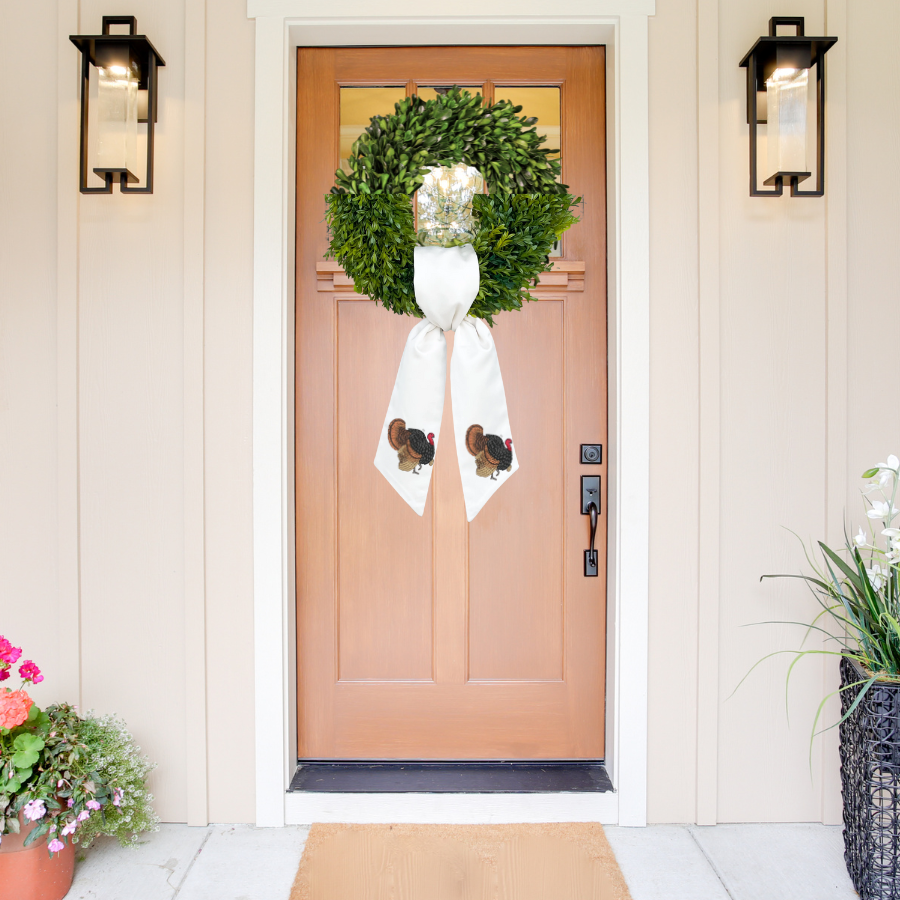 Embroidered Double Turkey Wreath Sash | Thanksgiving Door Decor