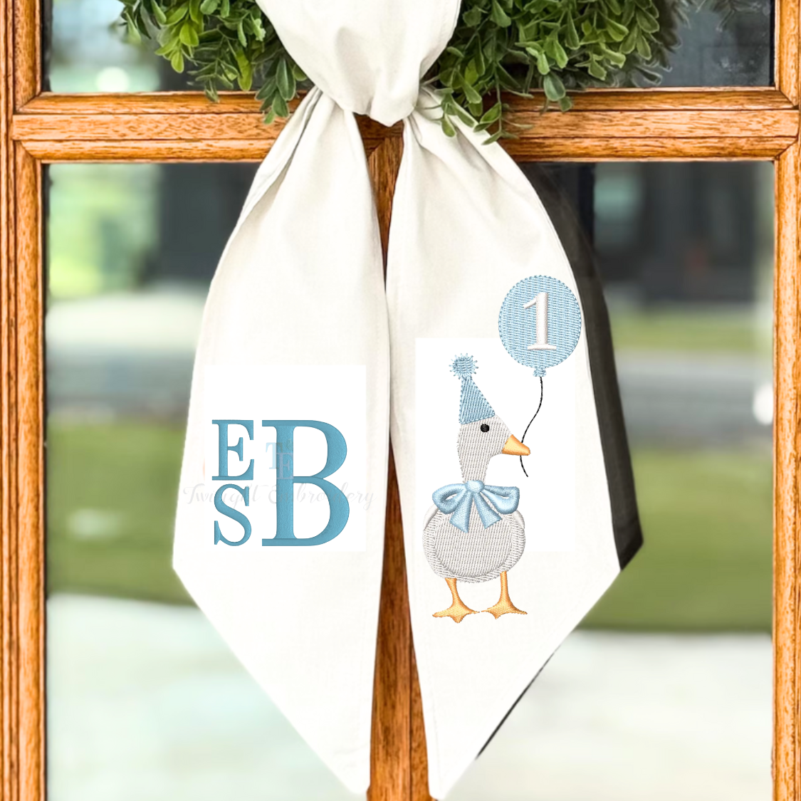 Embroidered First Birthday Goose Wreath Sash – Personalized Baby Boy Door Decor