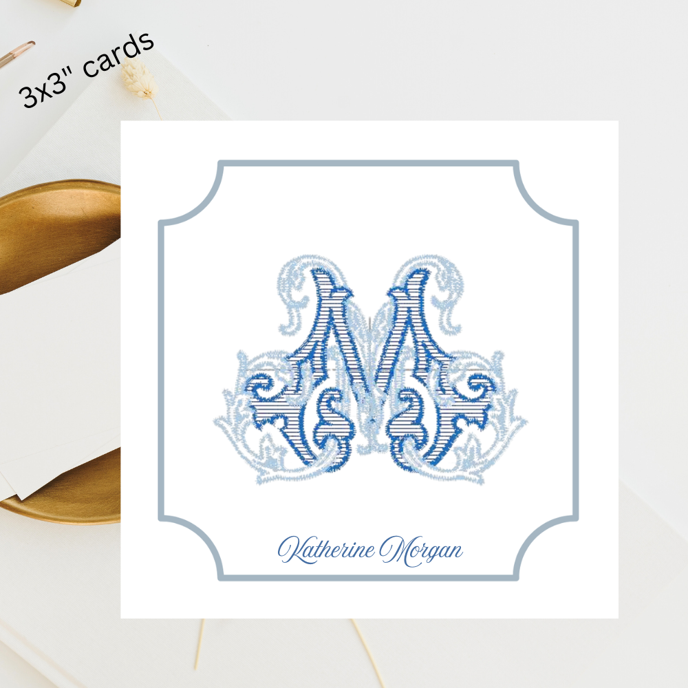 Blue Embroidered Monogram Calling Cards