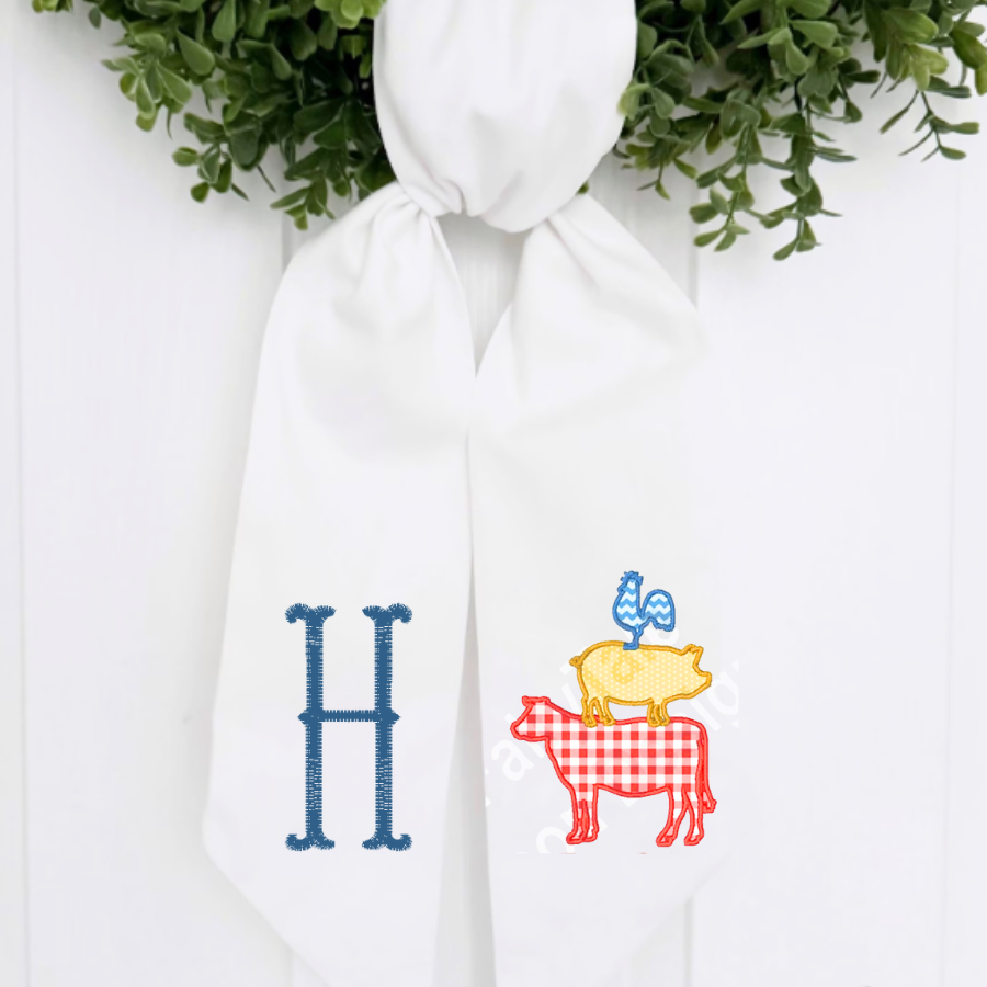 Personalized Farmhouse Animal Stack Wreath Sash – Monogram “H” – Cotton & Canvas, 54" × 5"