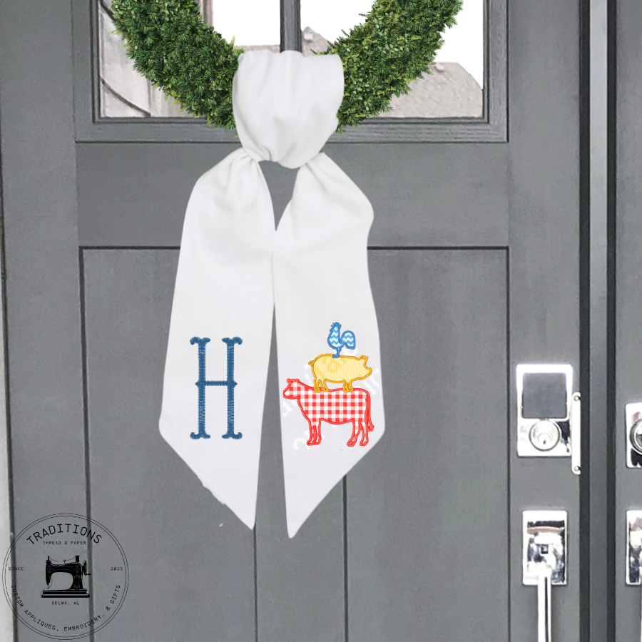 Personalized Farmhouse Animal Stack Wreath Sash – Monogram “H” – Cotton & Canvas, 54" × 5"