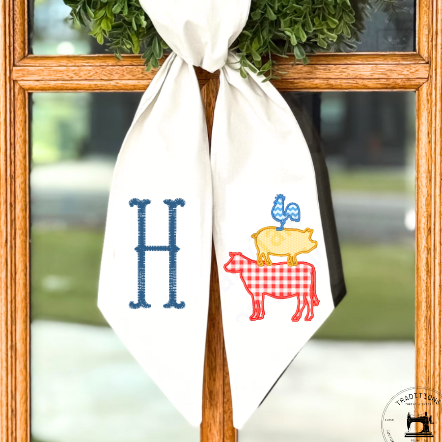 Personalized Farmhouse Animal Stack Wreath Sash – Monogram “H” – Cotton & Canvas, 54" × 5"