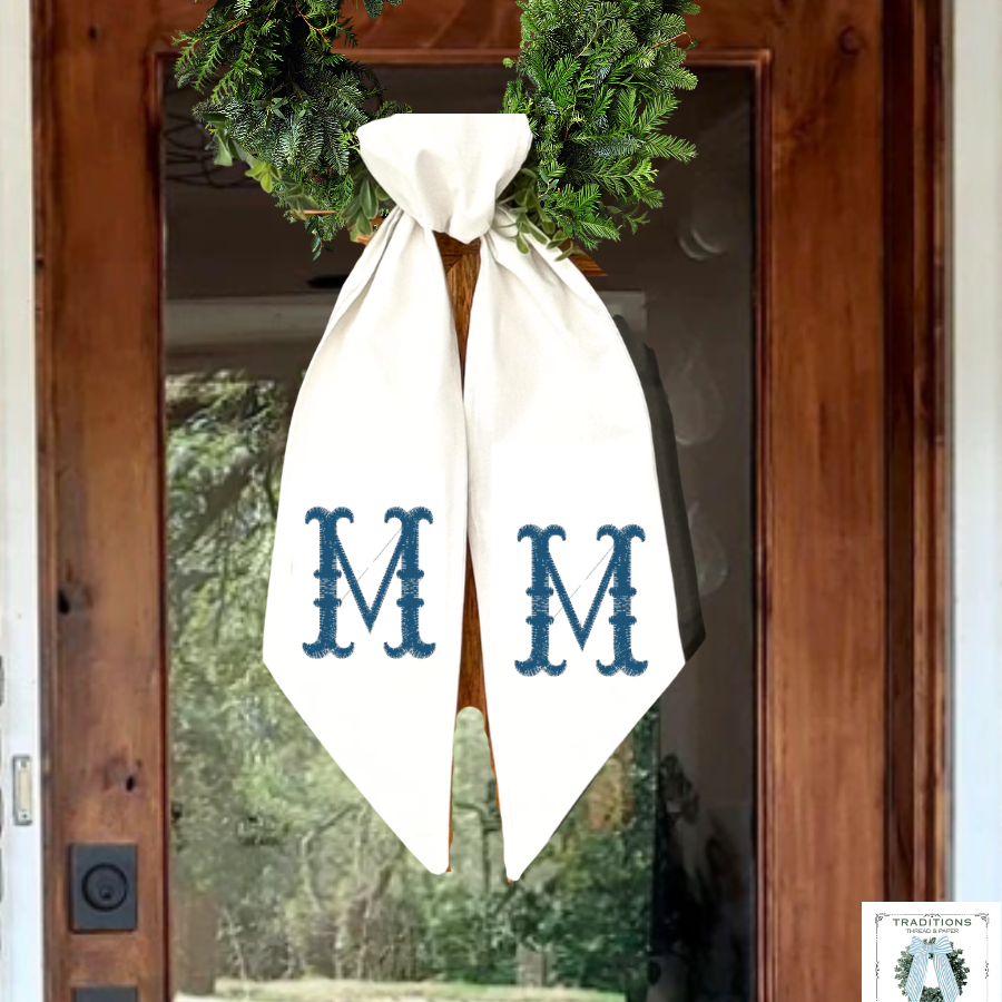 Embroidered  French Fishtail Monogram Wreath Sash