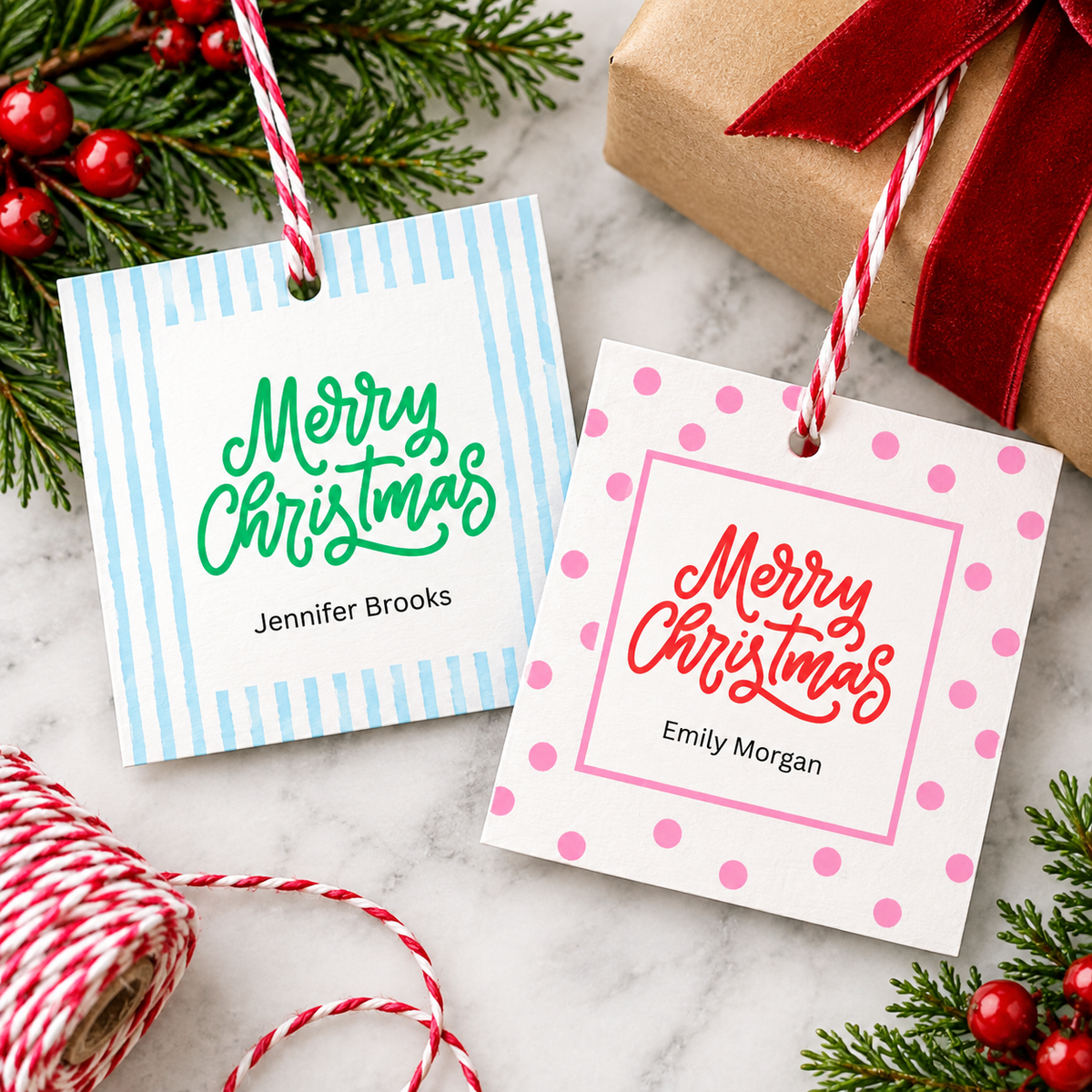 Personalized Christmas Gift Tags | Pink Polka Dot & Blue Stripe | Set of 24