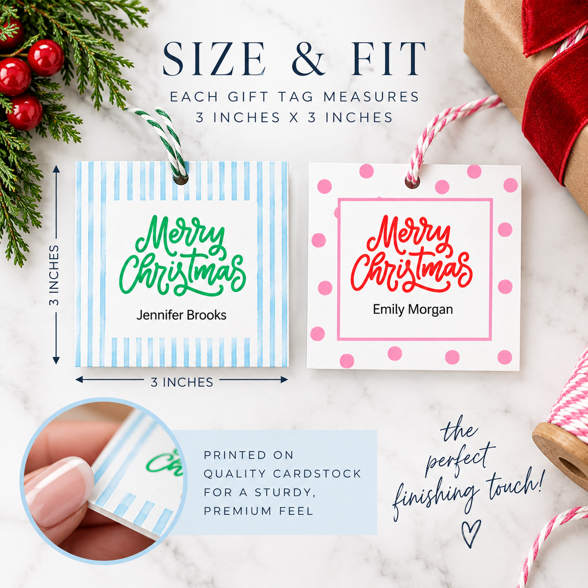 Personalized Christmas Gift Tags | Pink Polka Dot & Blue Stripe | Set of 24