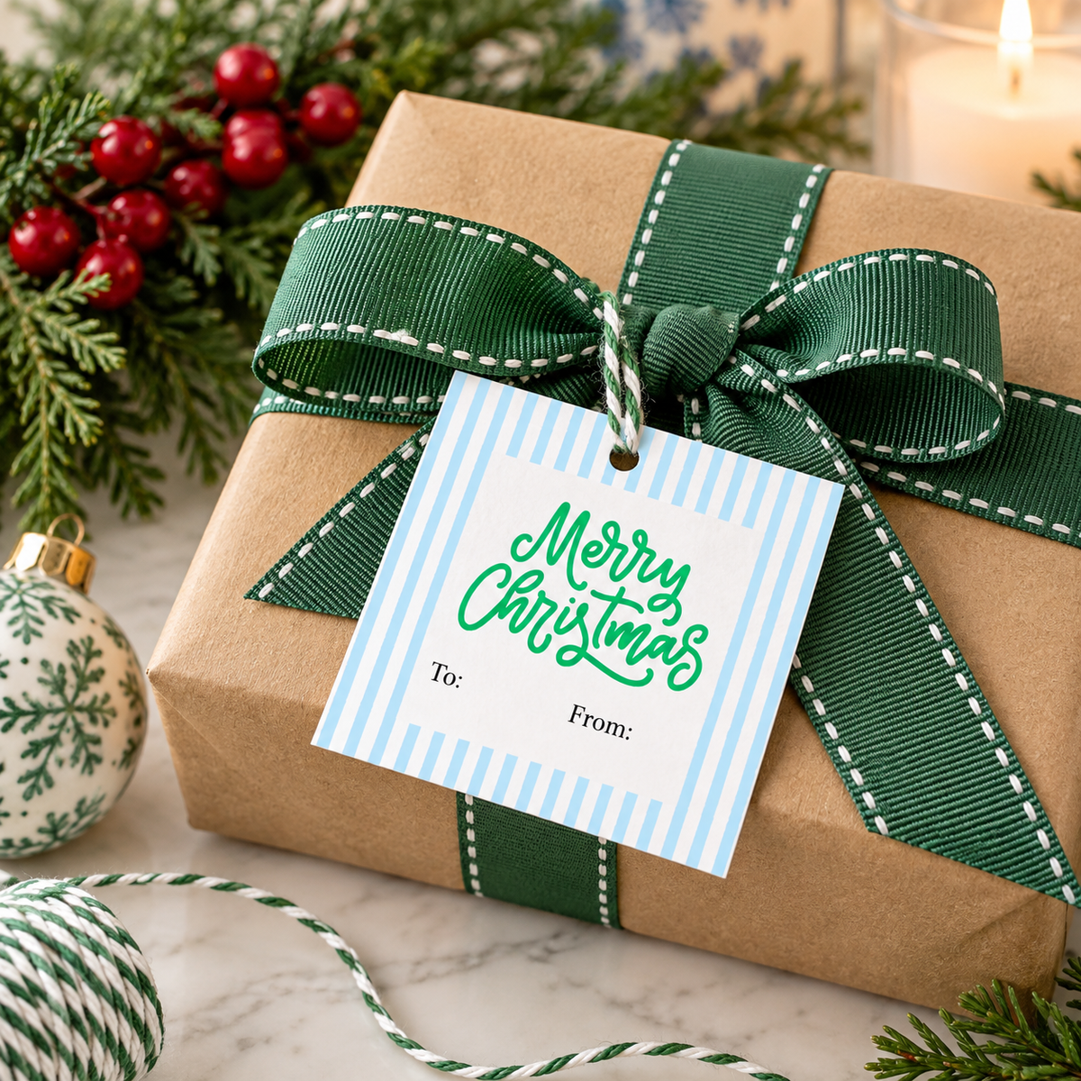 Personalized Christmas Gift Tags | Pink Polka Dot & Blue Stripe | Set of 24