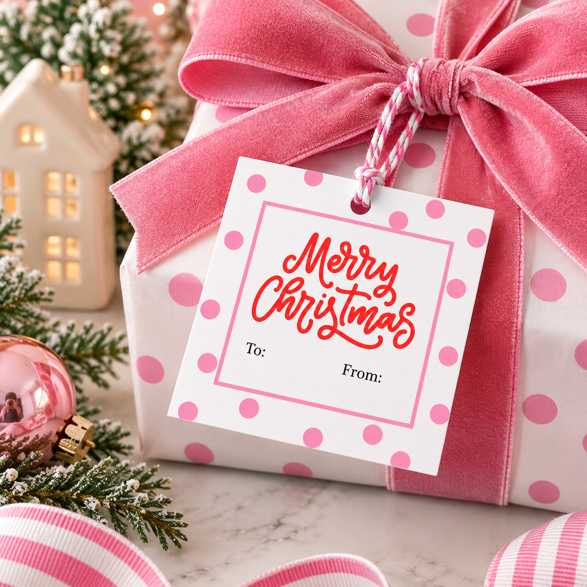 Personalized Christmas Gift Tags | Pink Polka Dot & Blue Stripe | Set of 24