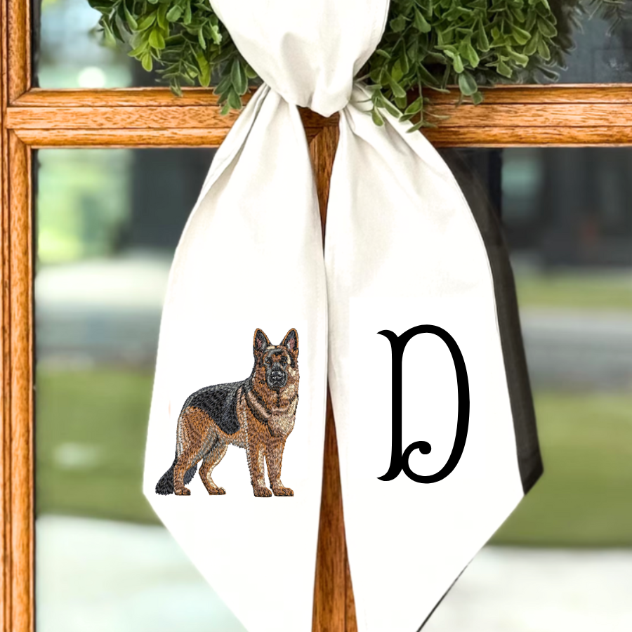 Personalized German Shepherd Wreath Sash with Monogram – Embroidered Dog Door Décor