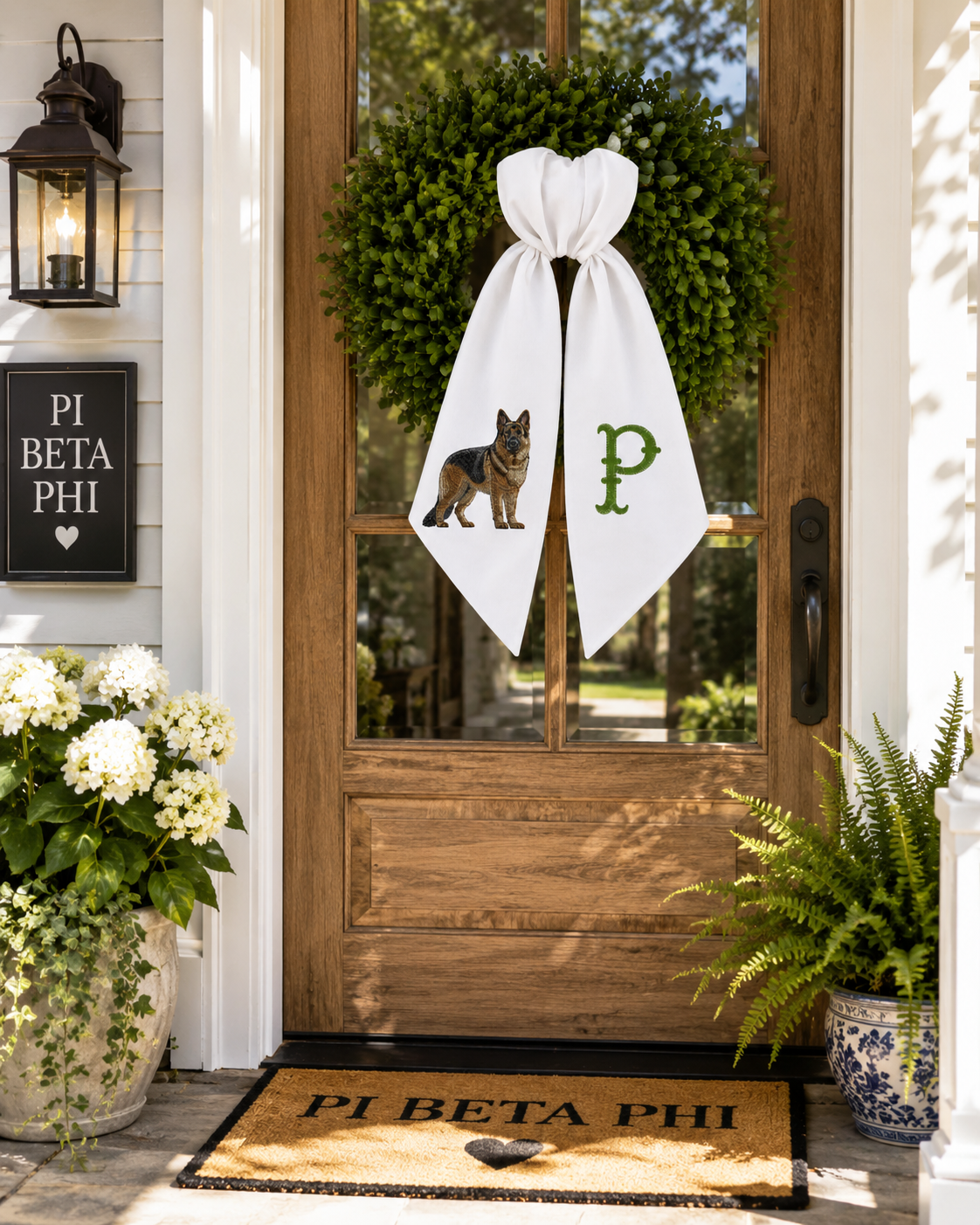 Personalized German Shepherd Wreath Sash with Monogram – Embroidered Dog Door Décor