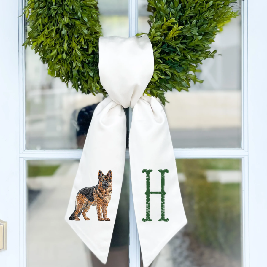 Personalized German Shepherd Wreath Sash with Monogram – Embroidered Dog Door Décor